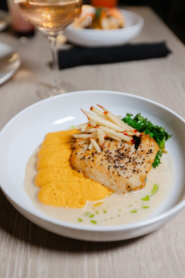 Black Cod Sweet Potato Mash with Sautéed Kale, Pickled Apple and Brown Butter Cider Jus