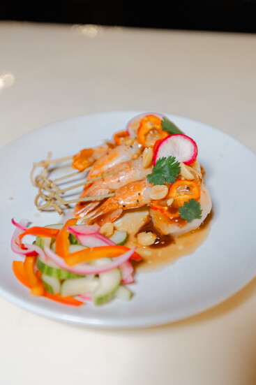 Lounge Chili Peanut Shrimp with Roasted Peanuts, Jalapeño, Peanut Sauce, Pickled Red Onions and Cucumber