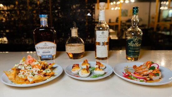 Lounge Salmon Nachos, Deviled Eggs and  Chili Peanut Shrimp