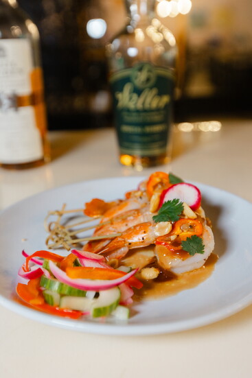 Lounge Chili Peanut Shrimp with Roasted Peanuts, Jalapeño, Peanut Sauce, Pickled Red Onions and Cucumber