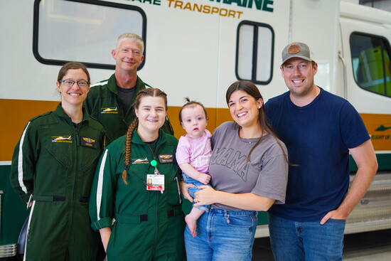 Flight nurse Sarah Healey, flight nurse/paramedic Daniel Horne, and flight paramedic Charlotte Duncan with Raelynn, Dominique, and Nicholas Quintal 