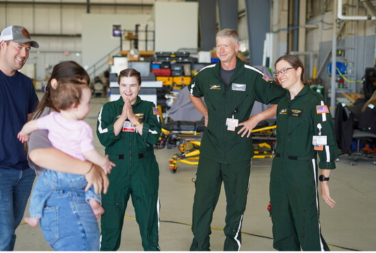 Dominique, Nicholas, and Raelynn Quintal meet flight paramedic Charlotte Duncan, flight nurse/paramedic Daniel Horne, and flight nurse Sarah Healey 