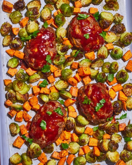 Sheet Pan Mini BBQ-Cheddar Meatloaves with Sweet Potatoes and Brussels Sprouts