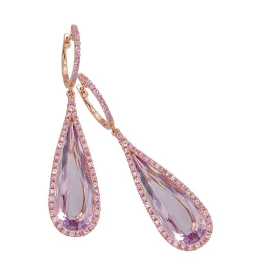 PeJay Amethyst Earrings: Pear-cut amethyst earrings shrouded by tiny pink sapphires in 18k rose gold
