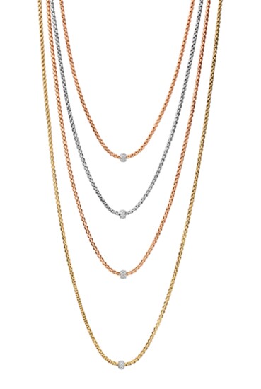 FOPE Necklaces: “Tiny Eka” necklace in 18k gold with a pavé diamond-accented rondelle at the center