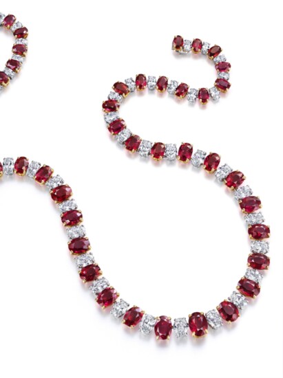 Oscar Heyman Ruby Necklace: Ruby and diamond necklace in an invisible platinum and 18k yellow gold setting