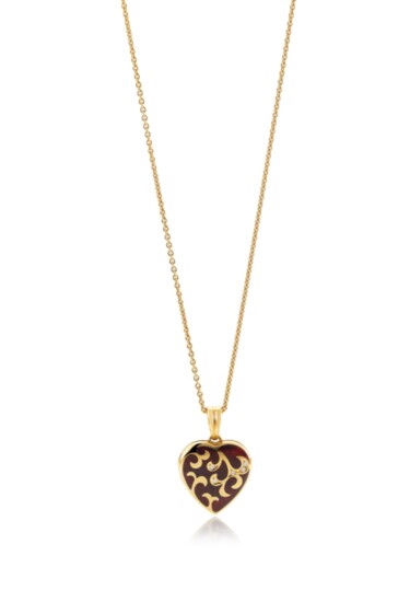 Victor Mayer Locket: Heart locket with an enameled twist: 18k yellow gold and peppered with diamonds