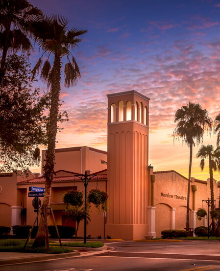 This award-winning photo, "Venice Theater at Sunrise in Florida” was taken by the Venice-based Fine Art Photographer Liesl Walsh. (lieslwalsh.com).
