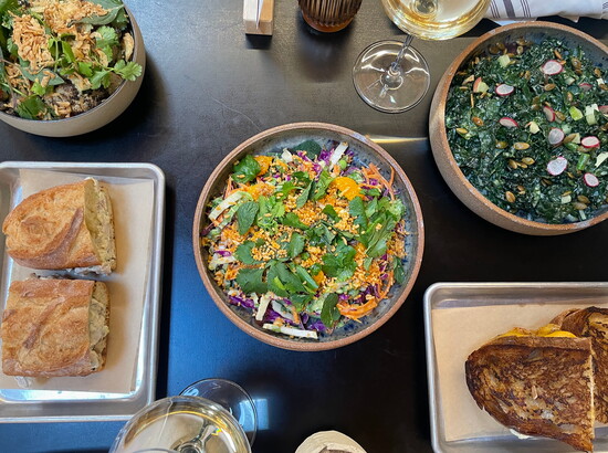 The Chicken Salad Sandwich, Crispy Rice Salad, Kale Chop, Grilled Cheese and Roasted Cauliflower bowl for lunch at Union.