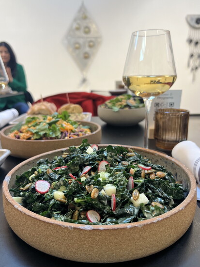 The Kale Chop is served with celery, apple, jicama, radish, grilled asparagus, pepitas and meyer lemon dressing.