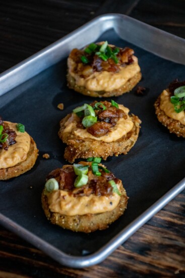Fried Green Tomatoes with Pimento Cheese and Bacon Jam at Graze Burgers