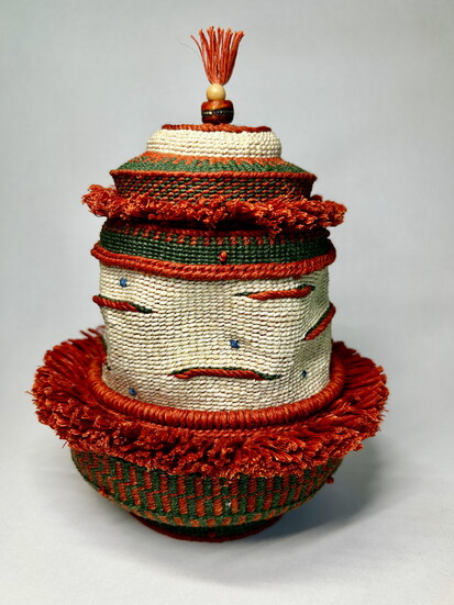 Sally Metcalf Handcrafted baskets Woven inside and out with Irish waxed linen cordage along with pieces of reed and beads.