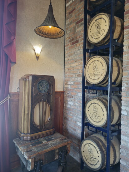 Barrels of spirits stored in Seacrets Distillery's Prohibition-style bar and lounge.