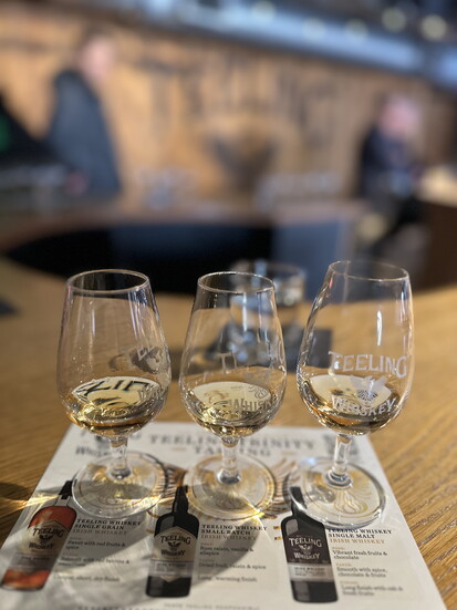 Whiskey tasting flight at Teeling Distillery.