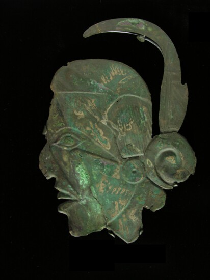 Human head effigy plate.  Leflore County, Oklahoma, Spiro Site. 1200 – 1450 AD.