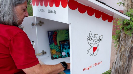 Dr. Stacie Emert, board president, straightens up the Little Free Library located at Wakefield Middle School.