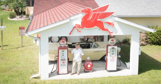 Dave built this replica gas station next to his home. He can store six antique automobiles in it.