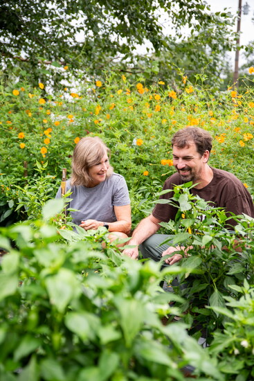 Sharon Oldham and Chef Carter in Sharon Oldham’s garden. Photo: Oldham Hospitality