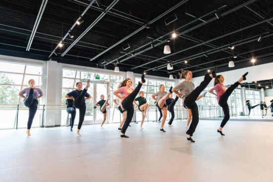 Dance students enjoying the new studio in the Fine Arts building.