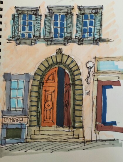Entry door to the OU Arezzo (Italy) classroom building on the Piazza San Francesco   