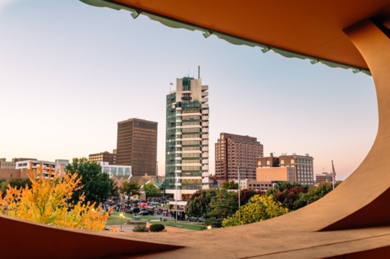 A view of the Price Tower from the balcony of the Bartlesville Community Center.