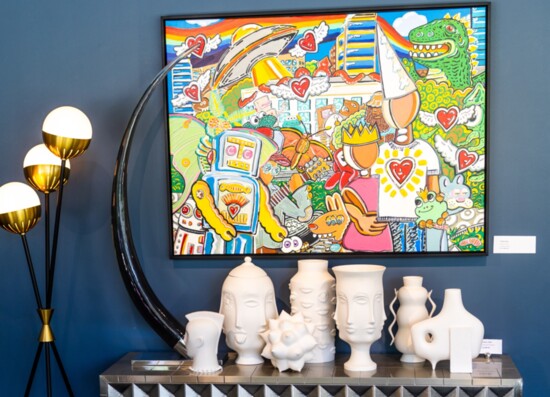 Hope City (2022 acrylic on canvas) by local artist Clint Stone; Jonathan Adler ceramic vases and acrylic large horn; Jonathan Adler Caracas tripod floor lamp