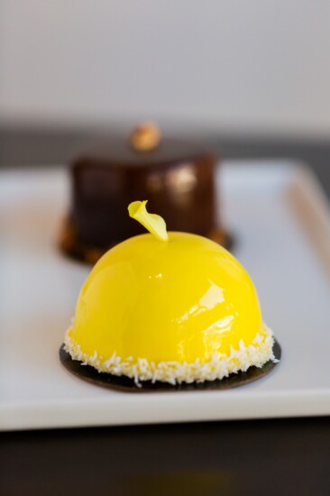 Mango Passion Fruit Mousse on a coconut biscuit