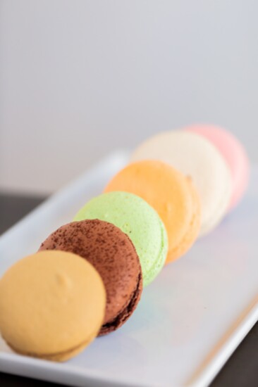 French Macarons Flavors, Raspberry, Pistachio, Vanilla, Chocolate and available in seasonal flavors include rose, lavender, pumpkin spice, coffee hazelnut