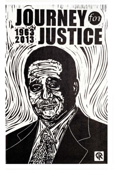 Linoleum block relief print entitled "Attorney Arthur D. Shores" Copyright Debra Eubanks Riffe).