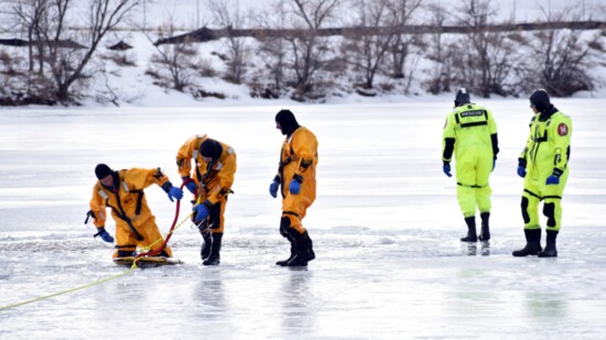 Firefighters conduct annual ice rescue training. The City of Arvada has several ponds, streams and reservoirs that freeze, posing hazards for the community.