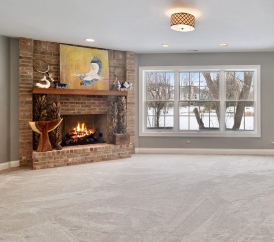 Lower level space with fireplace and beautiful outdoor views.