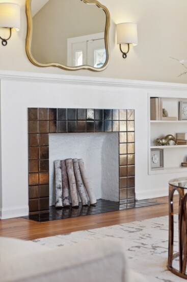 The opalescent fireplace tile offers a fresh play on patterns.