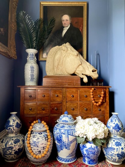 Ginger jars and horses figure prominently in Miller's home. She rode horses as a child in Birmingham.