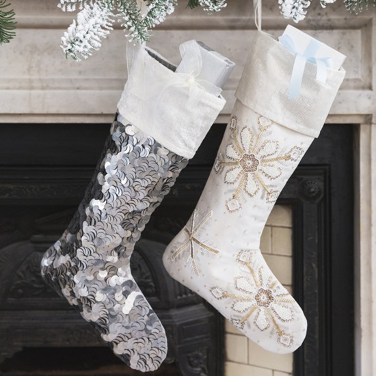 A by Amara Silver Sequin Stocking & Ivory Snowflake Stocking - $35 each