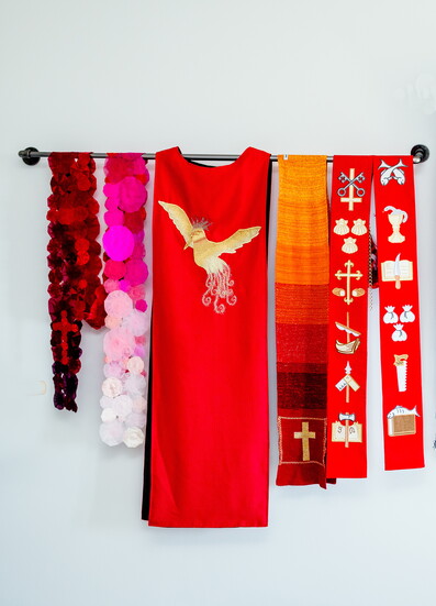 Audrey received most of these handmade clergy stoles as gifts from parishioners. She collected the others from local artisans while traveling.