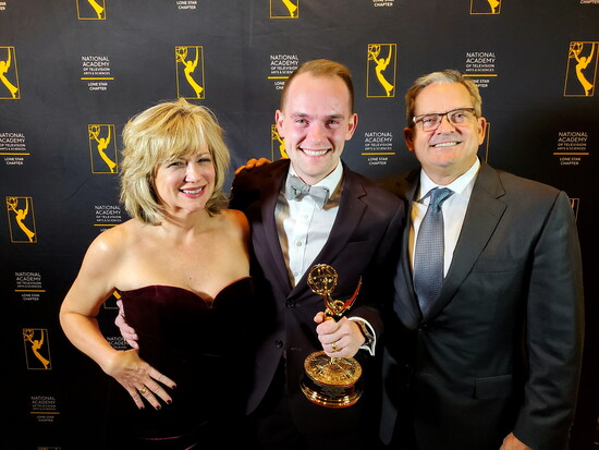 Avery with his parents Patty and Don Tomasco, when he won his first Emmy.