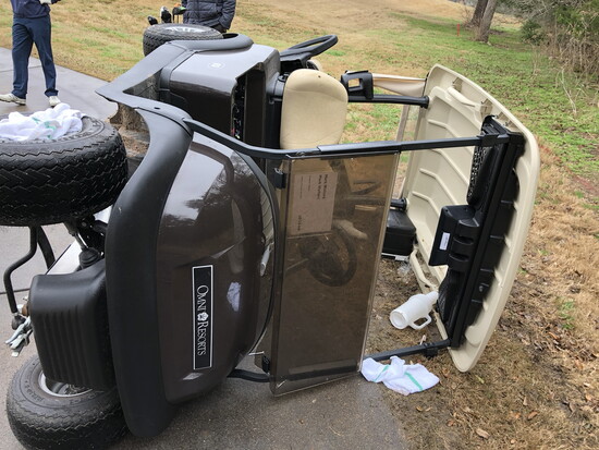 Overturned automated GPS golf cart that resulted in Austin Arnold's injuries. Image courtesy of Melendez Law Firm.