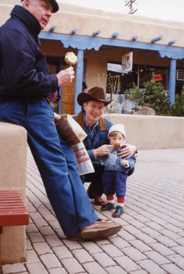 Rex, Lance and Kearney Thompson enjoy caramel apples in Taos, NM  April 11, 1997  PC: Pamela Kleibrink Thompson