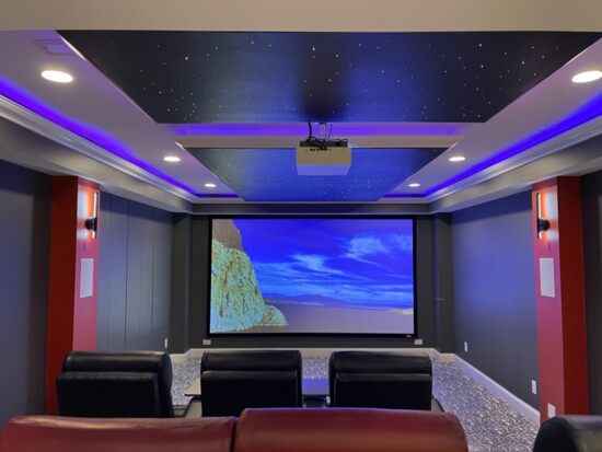 One of Jeramy’s favorite indoor projects is this 150-inch home theater. AVtech did the entire room from floor to starlight ceiling. 