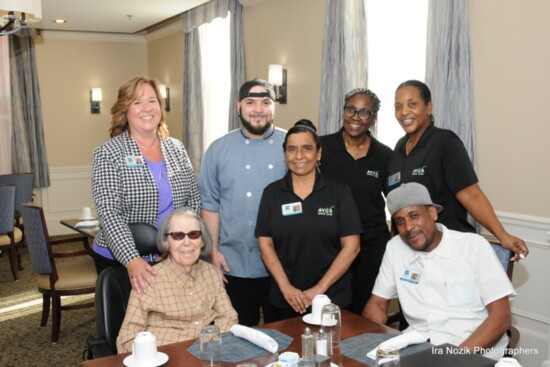 From L-R, Dining Team Members Kim Oliver, Luis Tosado, Karen Davis, Kimbley Coombs, Vadwattie Benson and Carol Zeidner (also a resident since 2012).