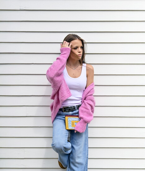 On Annabel: Perfect White Tee Tank; Pistola Jadyn Low Slung Palazzo Jeans; American Vintage Rose Bubble Cardigan.
