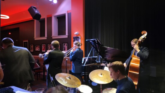 Charlie on trumpet, Spencer on trombone and Alex on drums at a winter concert at Caffé Vivace, a Cincinnati venue.