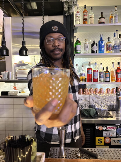 The Nefarious Brothers' speciality cocktail being served at their annual holiday party at Bar Bantam