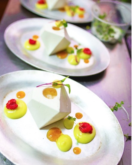 Liquid nitrogen frozen coconut meringue with white chocolate, key lime, passion fruit and raspberry.
