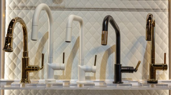 Matte black and gold finishes are on trend for faucets.