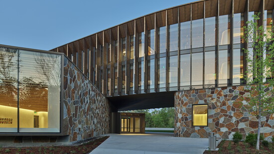 The Institute's Dogtrot entrance at night