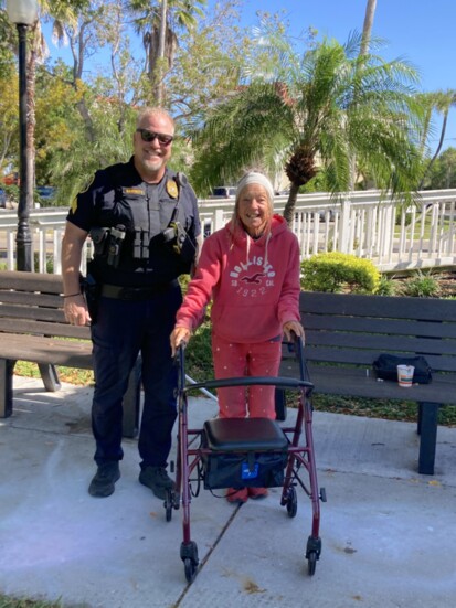 Miss Moyer was homeless but is now staying in an assisted living facility. Here, Hammett brings her a donated walker to replace one that was stolen. 