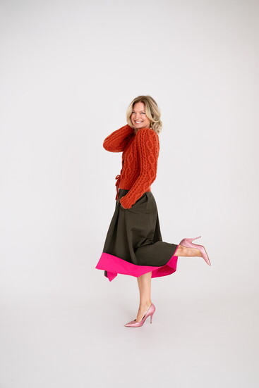 Antonia Zander cashmere cardigan and canvas skirt, and No. 21 necklace, available at Ayla & Co.