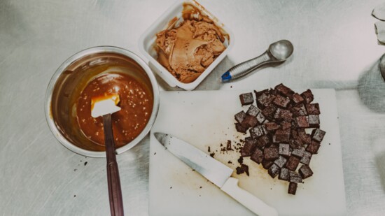 Preparation for staff favorite flavor, February's Chocolate Caramel Truffle 