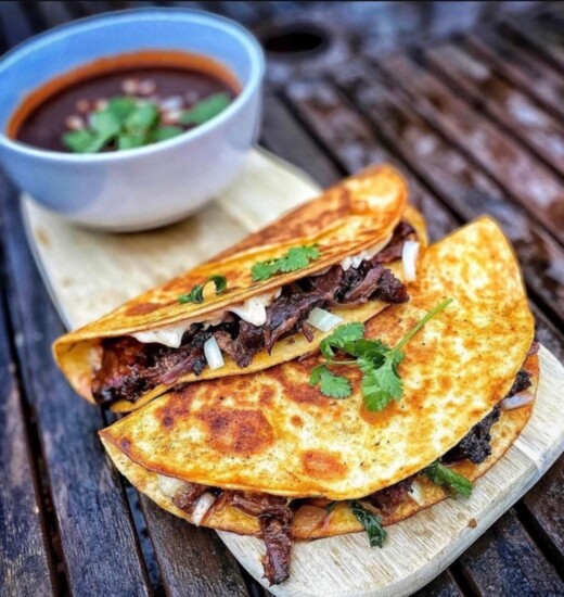 Smoke birria tacos w/garlic + onion consume 